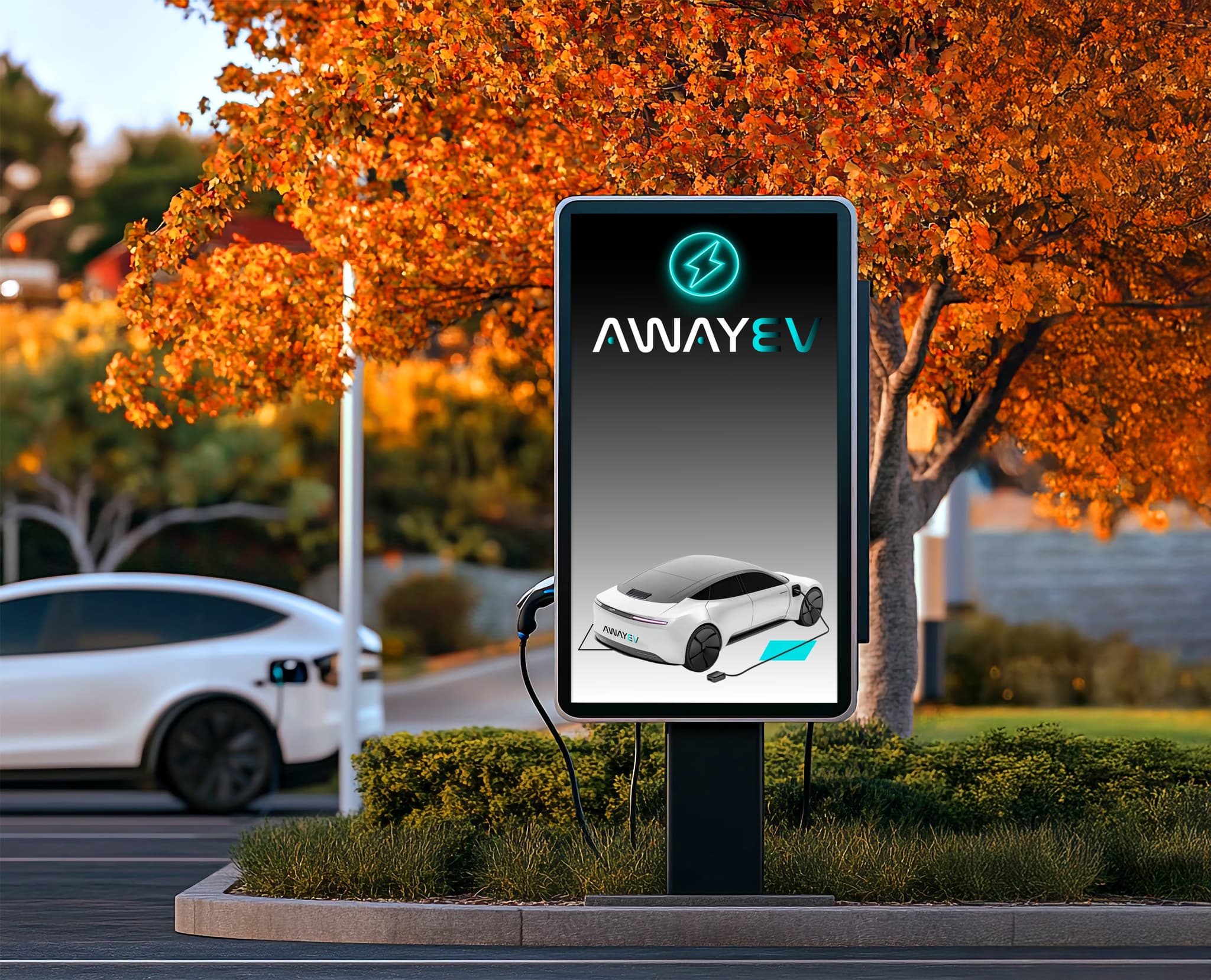 AwayEV corporate identity with electric vehicle and brand logo